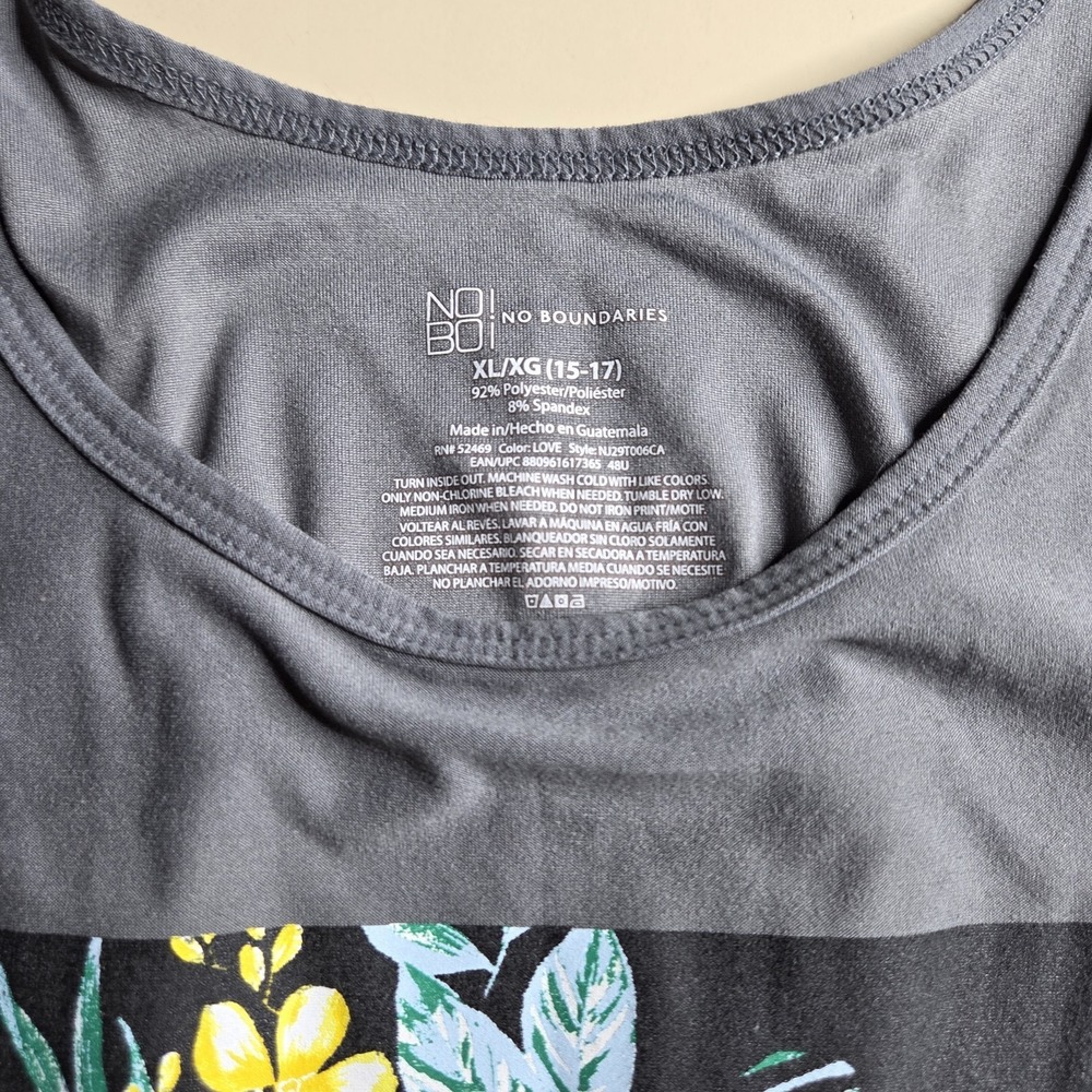 No Boundaries XL Love Graphic Tank Top Floral Tropical Grey Stretch Juniors... - Picture 6 of 7